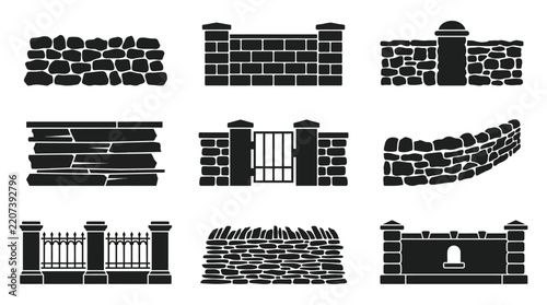 Stone wall icons set with various architectural styles and masonry textures