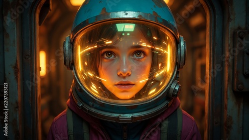 Young Girl Wearing Spacesuit Helmet Inside Starship