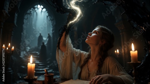 Young Woman Conjuring Magic with Black Fluid and Glowing Light