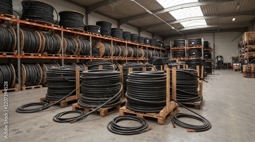 Realistic photo showing rolls and industrial cables stored inside a warehouse facility. The cable materials represent electrical equipment distribution, energy infrastructure, inventory storage.