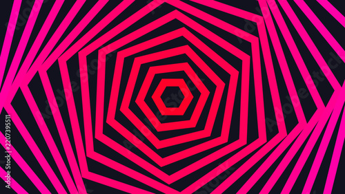 Neon Pink Red Concentric Hexagon Tunnel Vector Background, Rotating Geometric Vortex Pattern on Dark, Hypnotic Optical Illusion Design for Wallpaper and Poster