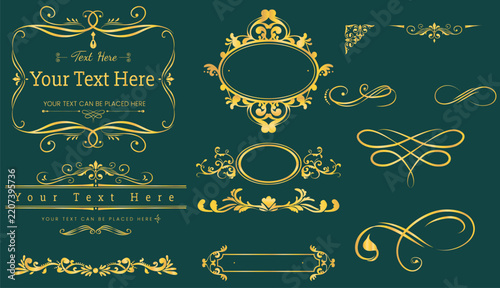 Set of elegant vintage golden decorative frames and ornate floral borders on a dark green background