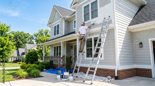 Professional Painter on Ladder Renovating Suburban House Exterior with Fresh Coat of Paint