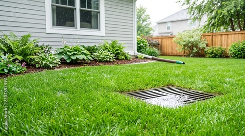 Residential Backyard Storm Drain Effectively Managing Excess Rainwater from a Downspout During a Shower