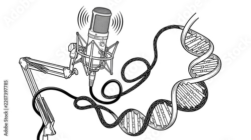 Science podcast concept with microphone and DNA strand illustration