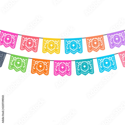 Colorful Papel Picado Banners Hanging on String Against Green Background