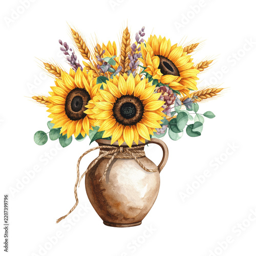 Watercolor Sunflower Bouquet with Wheat and Eucalyptus Arranged in Rustic Vase on Green Background