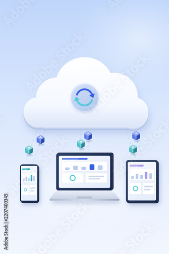 Cloud synchronization concept with sync cloud connected to smartphone, laptop and tablet, 3D illustration