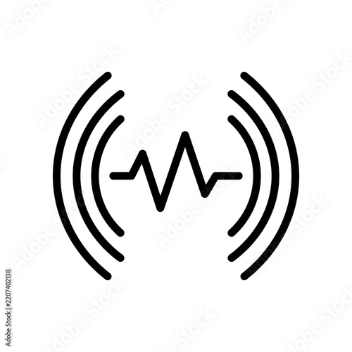 Bold black line icon featuring symmetrical concentric sound waves surrounding a central pulse-shaped waveform. Represents audio signals, sound transmission, pulse monitoring, waveform analysis, and si