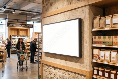 Blank horizontal advertising lightbox mockup on a stone wall inside a modern supermarket department, with shelves and shoppers in the background.