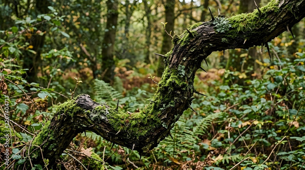 Obraz premium Gnarled thorny tree branch covered in moss
