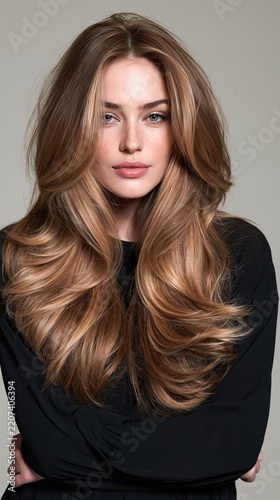 Woman shows off long layered hairstyle with blonde and auburn highlights in a simple indoor setting Generative AI