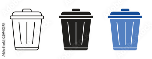 Trash Can Icon Set in Outline Silhouette and Blue Styles