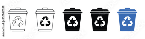 Recycle Bin Icon Set in Outline Silhouette and Blue Style