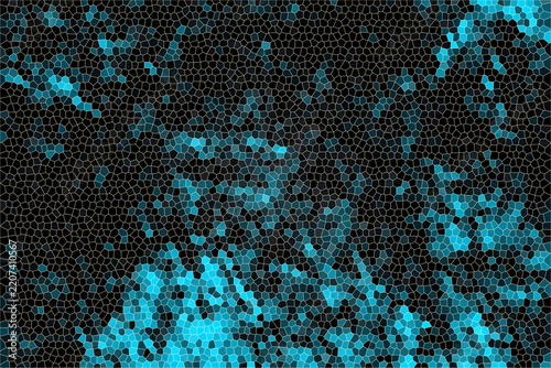 Cyan and teal mosaic pattern with black background, geometric abstract texture, digital keywords