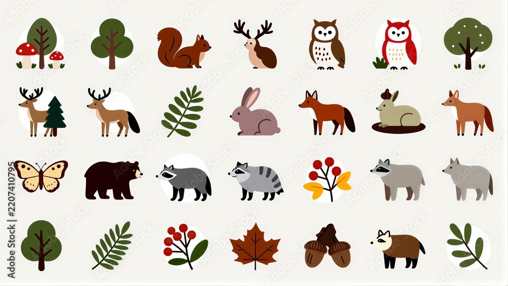 Obraz premium Forest animals and plants in a cute, illustrated style.
