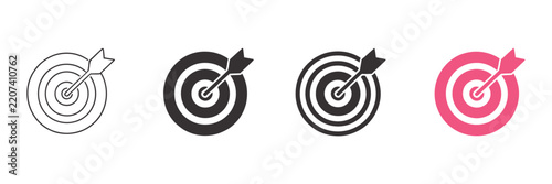 Target aim bullseye icon set, arrow hitting center, outline solid colored styles, business goals achievement success focus strategy symbols