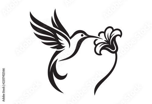 Hummingbird hovering beside a single stylized flower silhouette. Minimalist hummingbird silhouette.