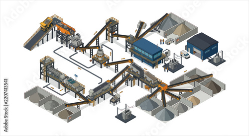 Industrial aggregate processing plant with conveyor belts and machinery.