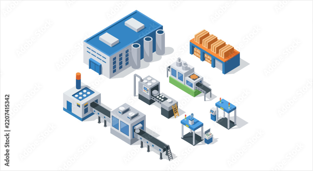 Obraz premium Isometric factory production line with machinery and buildings.