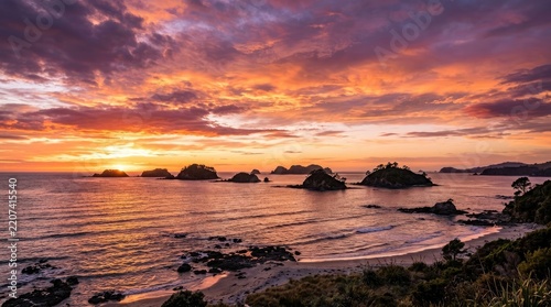 The sun sets over a beautiful coastline, painting the sky with vibrant hues of orange, pink, and purple. Several rocky islands dot the ocean, reflecting the colorful light.
