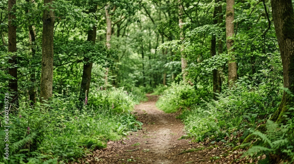 Obraz premium A narrow dirt path winds through a lush, green forest. Tall trees with dense foliage line the trail, creating a sense of depth and enclosure.