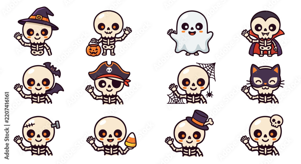 Obraz premium Minimalist Halloween Themed Cartoon Skeletons with Colorful Costumes and Accessories in Playful Style
