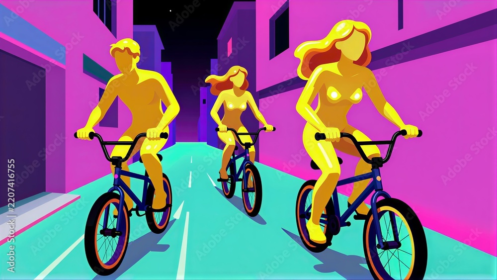 Obraz premium Three vibrant cyclists ride down a neon-lit urban street at night.