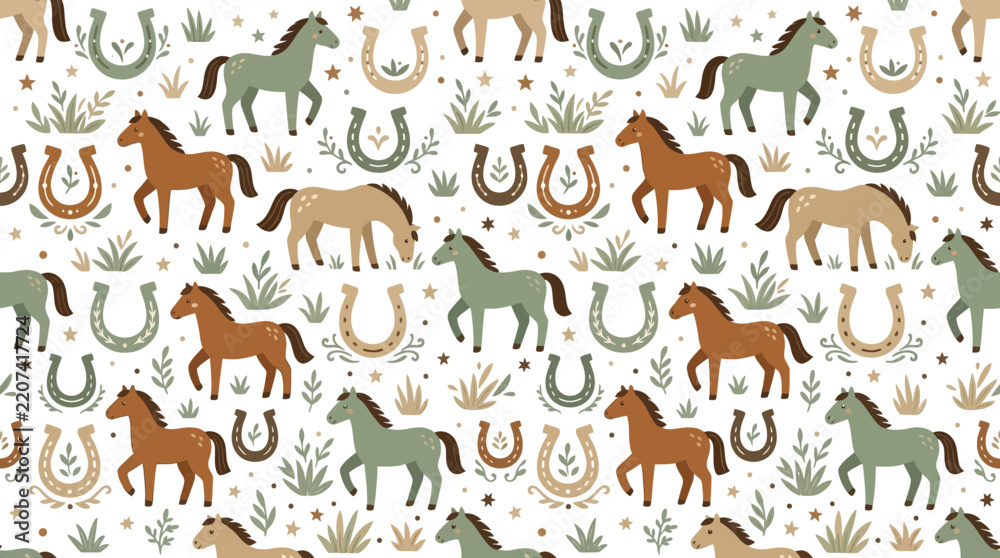 Fototapeta premium Cute Horse Pattern with Horseshoes and Grass - Seamless Vector Illustration
