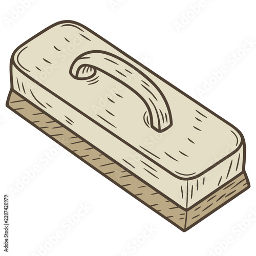 a wooden blackboard eraser with a felt pad underneath and a carved handle on top.