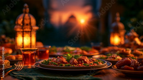 Ramadan Feast: A sumptuously laid table with various dishes, tea, and lanterns, set for a celebratory Ramadan evening meal, evoking warmth and tradition.