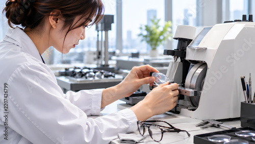 Woman Processing Eyeglass Lens with Precision Optical Equipment