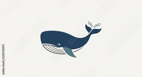 Simple blue whale icon swimming on white background.