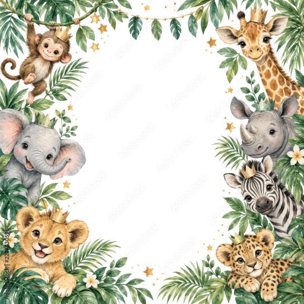 Obraz premium Cute Safari Animals Watercolor Frame with Jungle Leaves and Copy Space