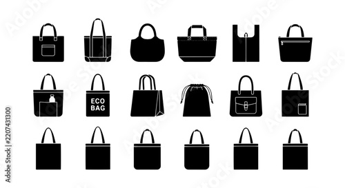 20 Eco Bag Icons, Shopping Tote Vectors, Reusable Grocery Bags, Modern Silhouette Set