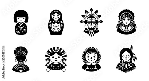 Diverse Cultural Dolls Collection, Folk Art Icons, Traditional Figures Set, International People Vector
