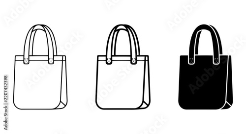 Set of Three Tote Bags, Shopping Bags, and Carryalls, Vector Icons