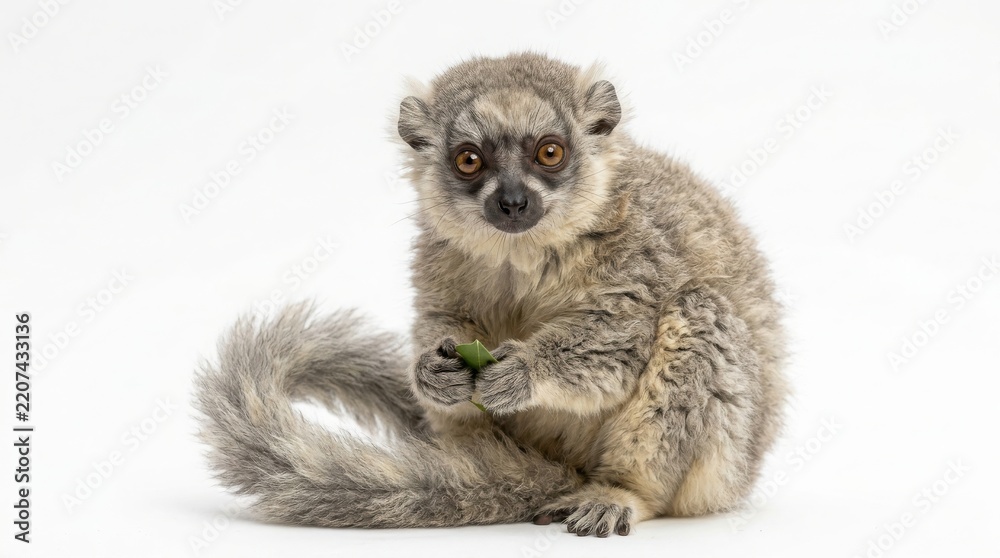 Obraz premium Small furry lemur isolated on white background with wildlife prosimian endangered creature isolated background portrait photography tropical features