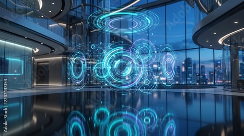Futuristic holographic interface displaying data and analytics in a modern office lobby at dusk