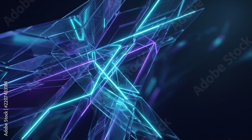 Abstract geometric structure with glowing neon blue and purple light lines on a dark background
