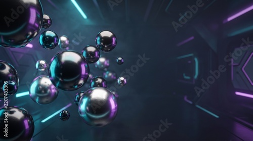 Abstract metallic spheres floating in a futuristic neon lit tunnel with purple and blue lights