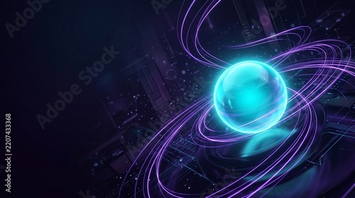 Futuristic glowing orb with swirling purple energy trails on a dark technological background