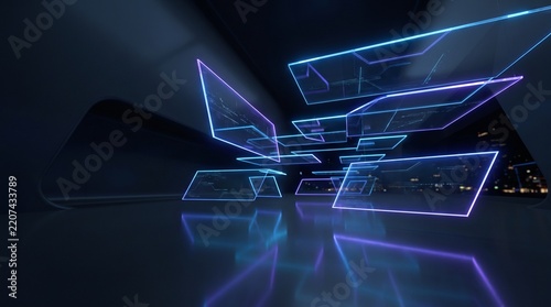 Futuristic digital interface with glowing neon blue and purple geometric shapes floating in a dark modern room with city lights in the background