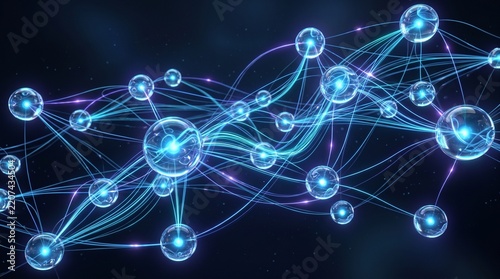 Abstract network of glowing blue spheres connected by luminous lines on a dark background