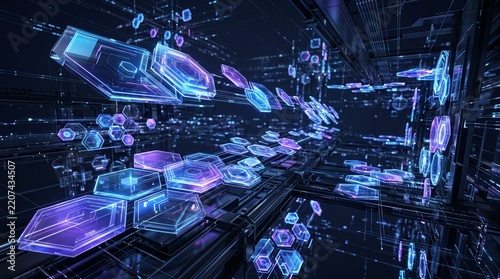 Abstract digital network of glowing hexagonal data blocks in a futuristic dark tunnel