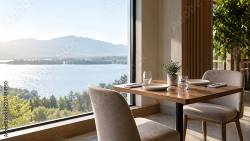 Empty Restaurant Table Beside Large Window with Copy Space