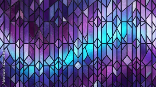 Geometric stained glass window with a repeating vertical pattern of diamonds and triangles in rich shades of deep purple, blue, and cyan