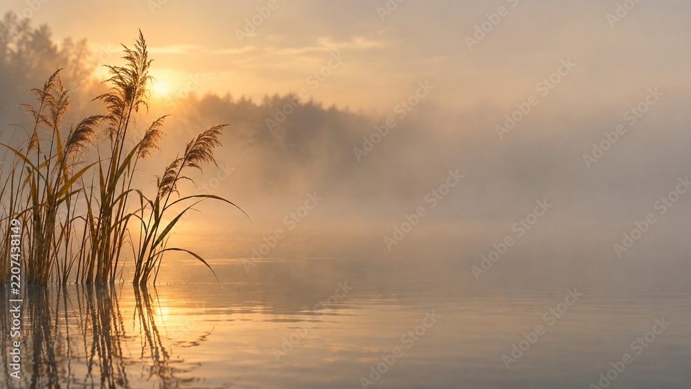 Obraz premium Glowing reeds in morning mist, serene nature background