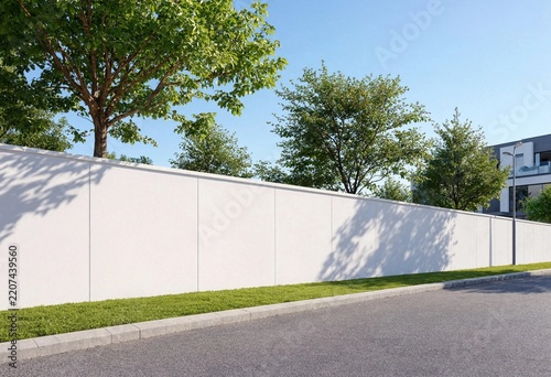Empty white billboard hoarding beside an urban roadside, surrounded by green trees and construction development, providing clean outdoor advertising space for branding and promotional designs.