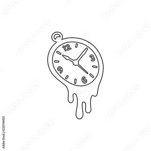 melting clock outline surreal distorted timepiece dripping watch symbol isolated on white background